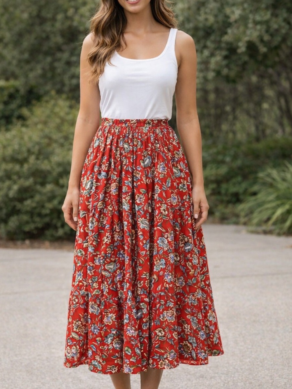 🆕 Sienna Sky Floral Red Maxi Skirt with Elastic Waist